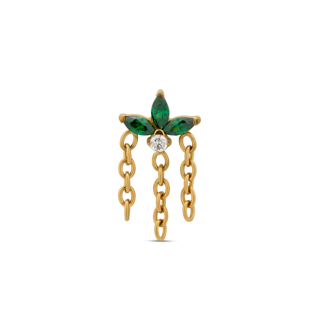 Trident 24kt Gold PVD Titanium Threadless Fan Marquise Emerald w Chains Attachment
