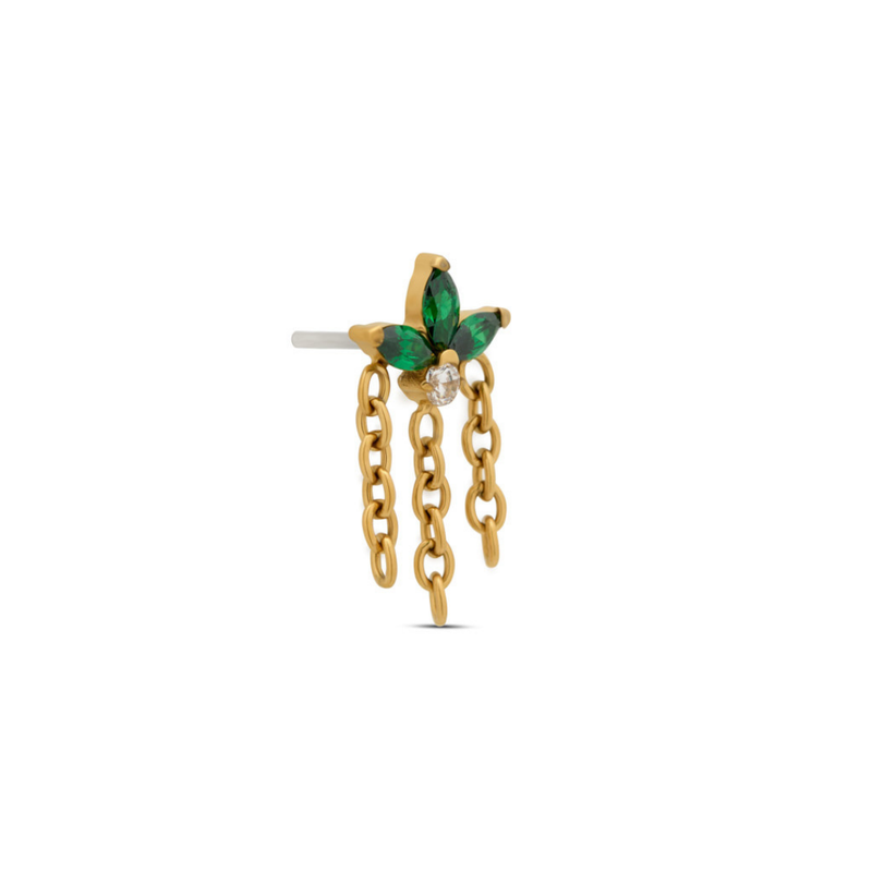 Trident 24kt Gold PVD Titanium Threadless Fan Marquise Emerald w Chains Attachment