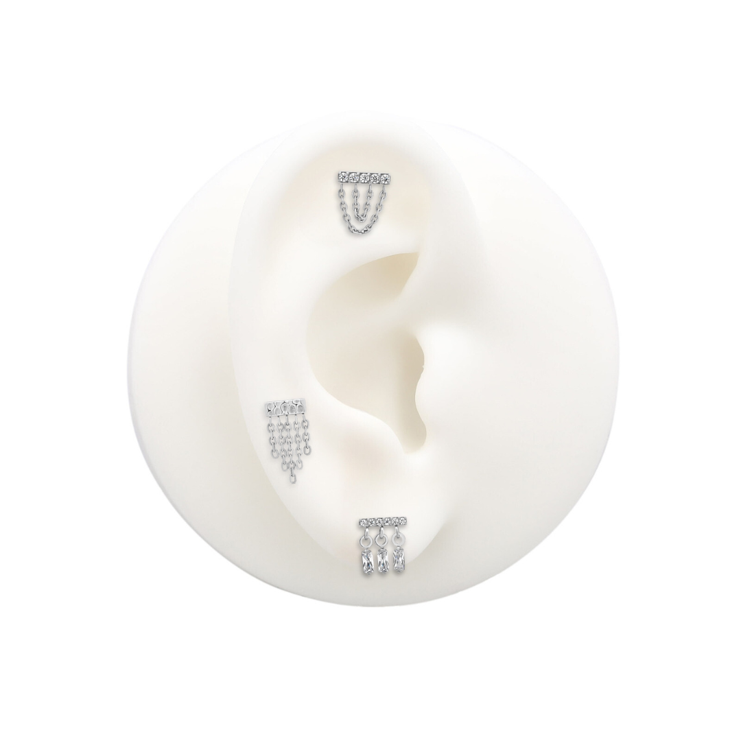 Trident Threadless Jeweled Bar With Double Chain Attachment