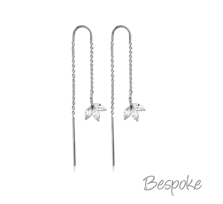 Bespoke Steel Chain With Jewelled Leaf Earring Stud Pair w Chain Hanging Bar