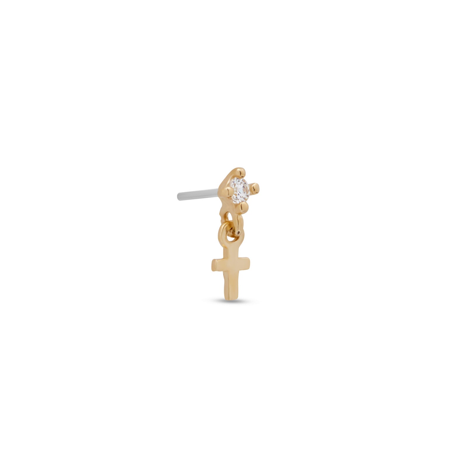 14kt Gold Threadless - CZ With Dangle Cross